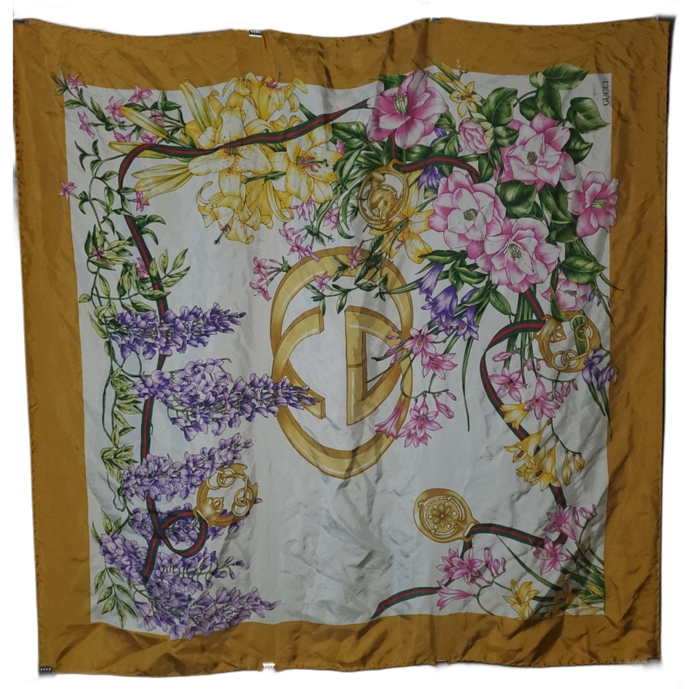 Gucci Gold and Purple Floral Silk Scarf